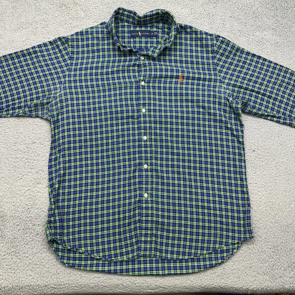Ralph Lauren Polo Mens Large Green Plaid Orange Pony Brush Twill Button Up Shirt